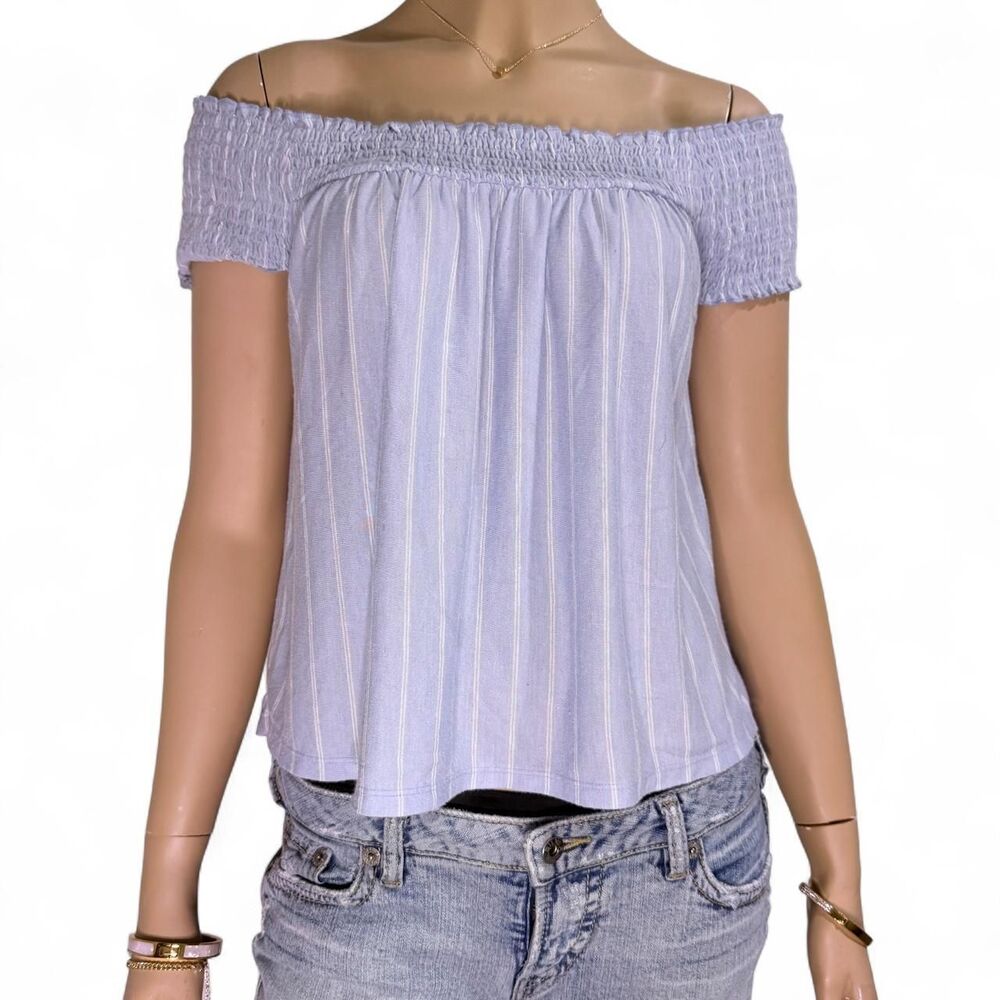 American Eagle Striped Off Shoulder Top Womens M Smocked Coastal Blue Blouse